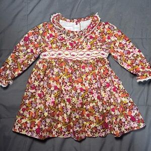 NEW Bonnie Jean‎ Baby Girls Size 6-9M Pink Floral 2pc Long Sleeve Smocked Dress